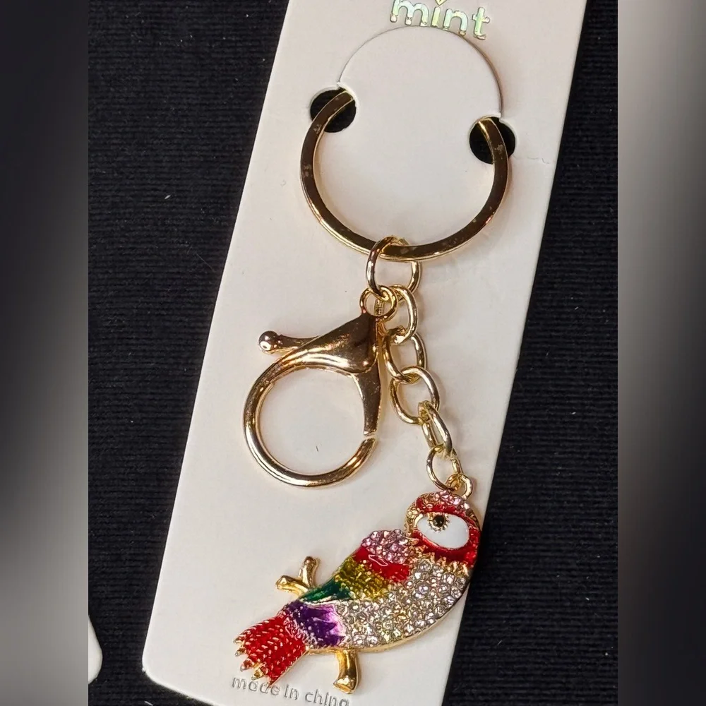Mint Green and Red Tropical Bird Charm Keychain Bag Charm
